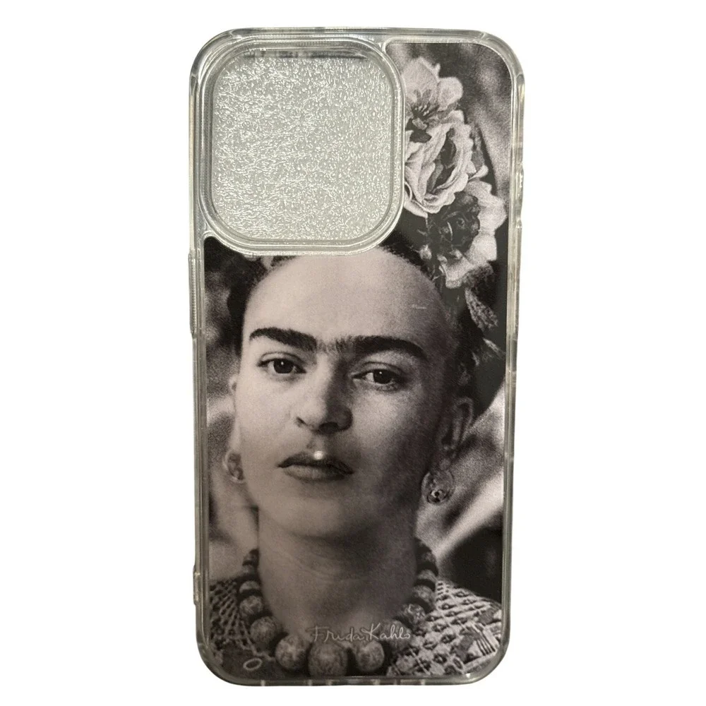 Frida Kahlo iPhone 15 Pro Silicone Case Black and‎ White Portrait Clear Glitter